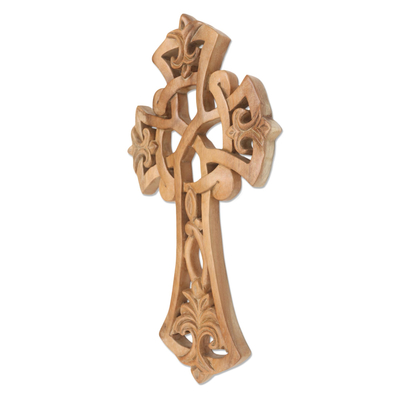 Wood wall cross, 'Beauty in Bali' - Hand Carved Wood Cross with Balinese Design Motif