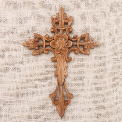 Wood wall cross, 'Natural Cross' - Flower Accent Wood Wall Cross