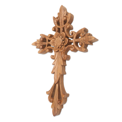 Wood wall cross, 'Natural Cross' - Flower Accent Wood Wall Cross
