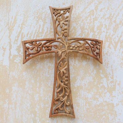 Wood wall cross, 'Growing Oak' - Oak Themed Wood Wall Cross