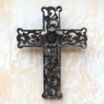 Wood wall cross, 'Antiqued Lotus Cross' - Distressed Black Floral Wood Wall Cross