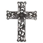 Wood wall cross, 'Antiqued Lotus Cross' - Distressed Black Floral Wood Wall Cross