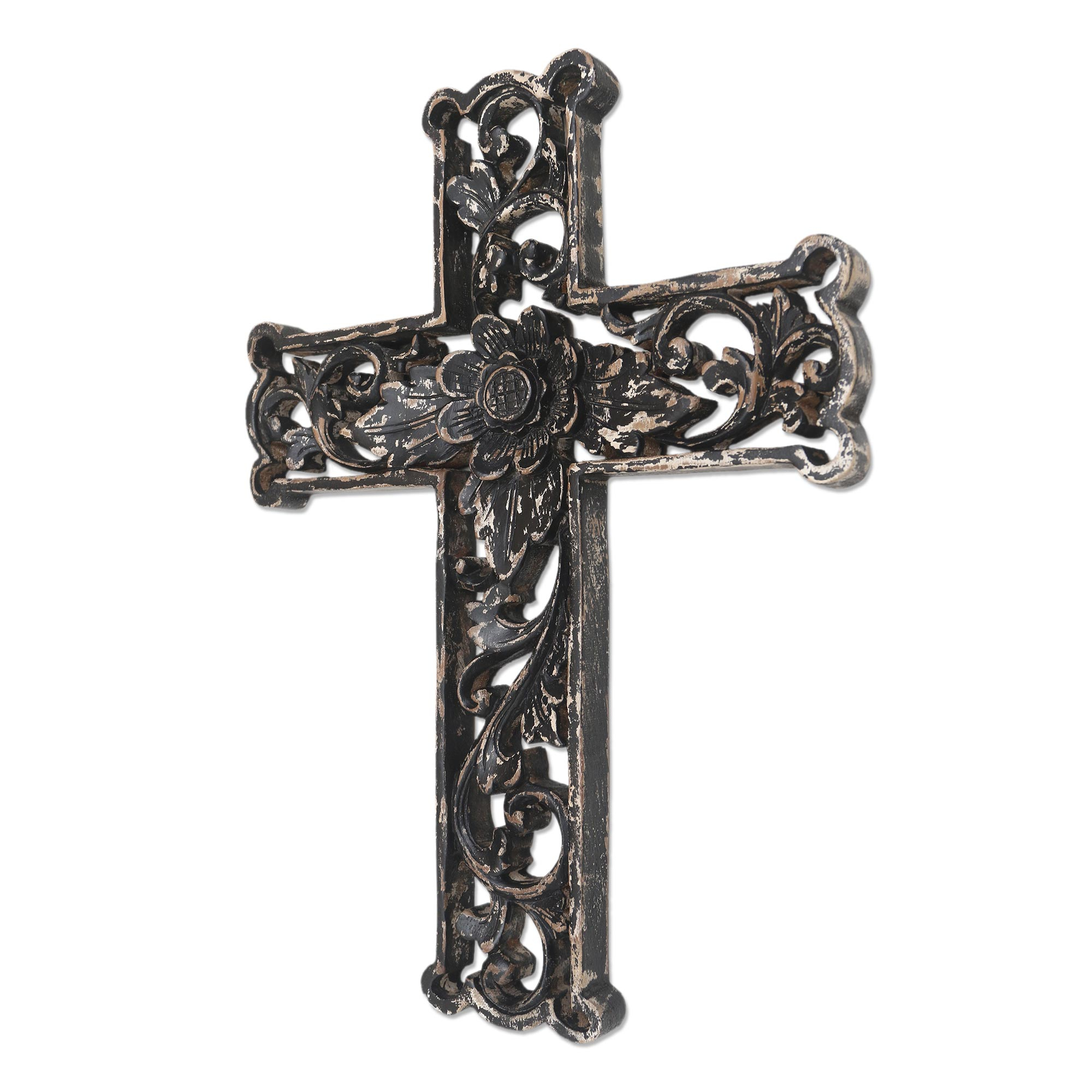 Distressed Black Floral Wood Wall Cross - Antiqued Lotus Cross | NOVICA