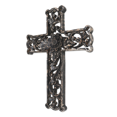 Wood wall cross, 'Antiqued Lotus Cross' - Distressed Black Floral Wood Wall Cross
