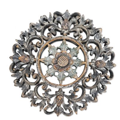 Wood relief panel, 'Lotus Spark' - Hand Carved Suar Wood Lotus Leaf Relief Panel