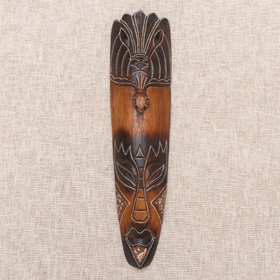 Wood wall cross, 'Tribal Ancestor' - Hand Carved and Painted Mask from Bali