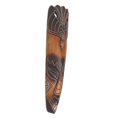 Wood wall cross, 'Tribal Ancestor' - Hand Carved and Painted Mask from Bali