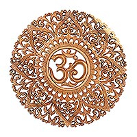 Wood relief panel, 'Natural Mantra' - Hand Carved Wood Relief Panel with Om Symbol