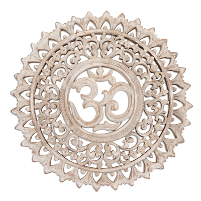 Wood relief panel, 'White Mantra' - Distressed White Om Symbol Relief Panel