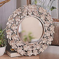 Wood wall mirror, 'Jepun Forest' - Shabby Chic White Floral Wood Wall Mirror