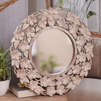 Wood wall mirror, 'Jepun Forest' - Shabby Chic White Floral Wood Wall Mirror