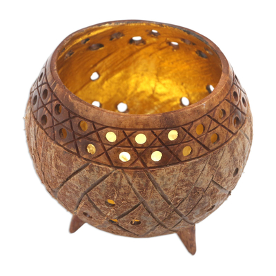 Wood and coconut shell catchall, 'Golden Inside' - Albesia Wood and Coconut Shell Catchall