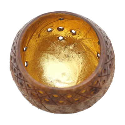 Wood and coconut shell catchall, 'Golden Inside' - Albesia Wood and Coconut Shell Catchall