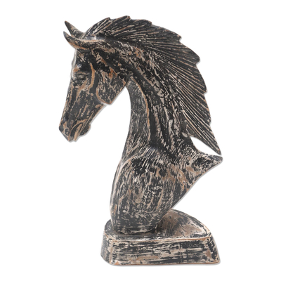 Wood statuette, 'Vintage Horse Head' - Distressed Horse Head Sculpture from Bali