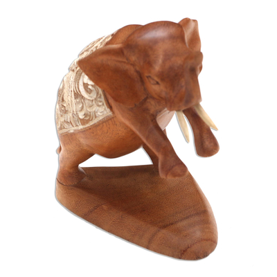 Wood sculpture, 'Fighting Elephant' - Hand Carved Suar Wood Elephant Statuette