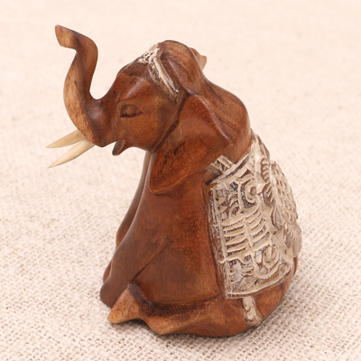 Wood sculpture, 'Sitting Elephant' - Seated Elephant Hand Carved Wood Sculpture