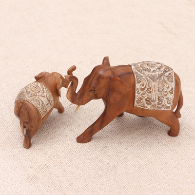 Wood sculptures, 'Royal Mother and Child' (pair) - Artisan Crafted Elephant Sculptures (Pair)