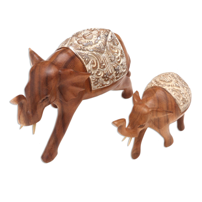 Wood sculptures, 'Royal Mother and Child' (pair) - Artisan Crafted Elephant Sculptures (Pair)