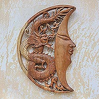 Wood relief wall panel, 'Dragon Crescent' - Hand Carved Wood Relief Wall Panel Moon and Dragon