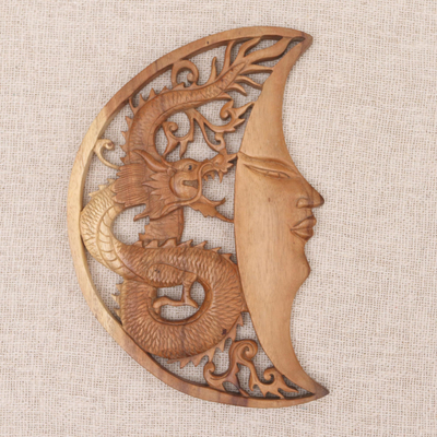 Panel de pared en relieve de madera - Panel de pared en relieve de madera tallada a mano Luna y dragón