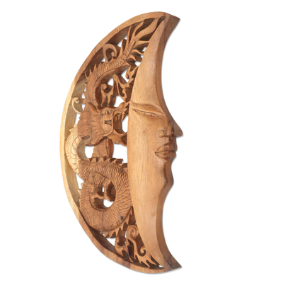 Wood relief wall panel, 'Dragon Crescent' - Hand Carved Wood Relief Wall Panel Moon and Dragon