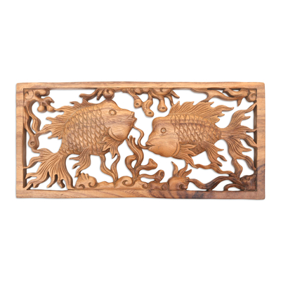 Wood relief wall panel, 'Two Fishes' - Two Fishes Suar Wood Relief Panel