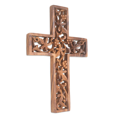 Cruz de pared de madera - Cruz de Madera Tallada a Mano con Motivo de Hoja y Parra