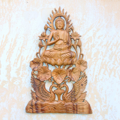 Wood relief panel, 'Teaching Buddha' - Buddha Vitarka Mudra Wood Relief Panel