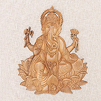 Wood relief panel, 'Ganesha Meditating' - Suar Wood Hand Carved Ganesha Meditating Relief Panel