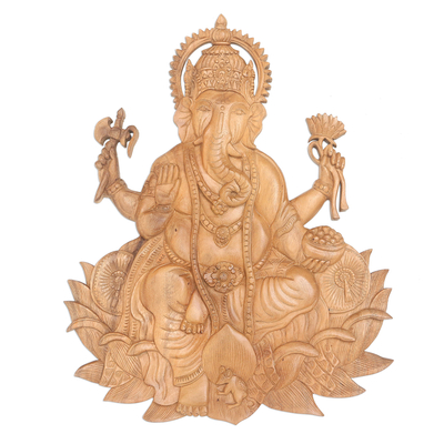 Reliefplatte aus Holz - Handgeschnitzte Ganesha-Reliefplatte aus Suar-Holz
