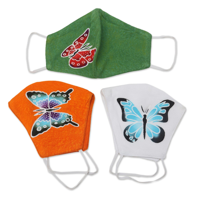 Handbemalte Rayon-Gesichtsmasken, (3er-Set) - 3 handbemalte Schmetterlinge auf balinesischen Batik-2-Lagen-Masken