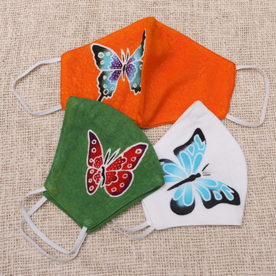Hand painted rayon face masks, 'Island Butterfly Beauty' (set of 3) - 3 Hand Painted Butterfly on Balinese Batik 2-Layer Masks