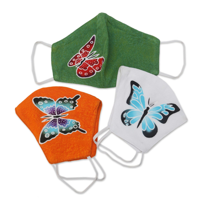 Handbemalte Rayon-Gesichtsmasken, (3er-Set) - 3 handbemalte Schmetterlinge auf balinesischen Batik-2-Lagen-Masken