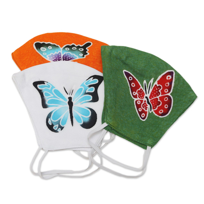 Hand painted rayon face masks, 'Island Butterfly Beauty' (set of 3) - 3 Hand Painted Butterfly on Balinese Batik 2-Layer Masks