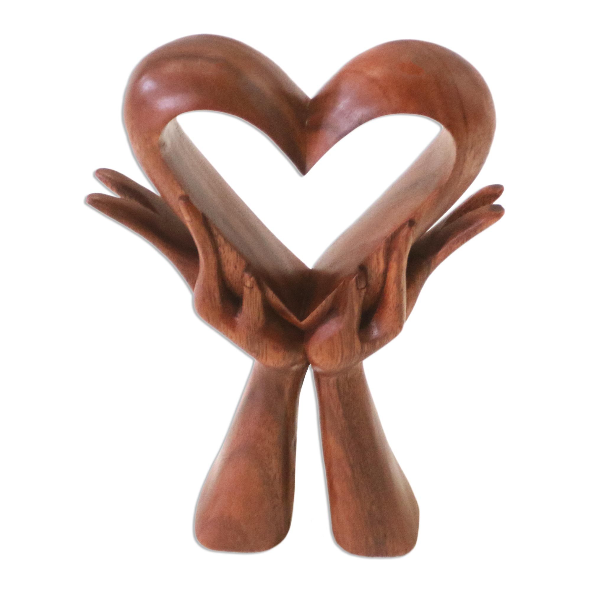 Signed Wood Sculpture of Heart in Hands Giving Love NOVICA