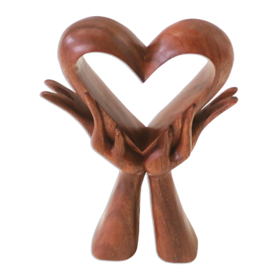 Wood sculpture, 'Giving Love' - Signed Wood Sculpture of Heart in Hands