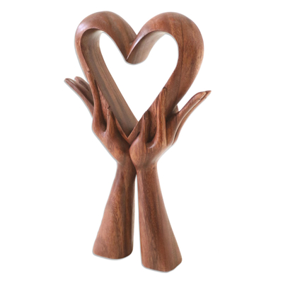 Wood sculpture, 'Giving Love' - Signed Wood Sculpture of Heart in Hands