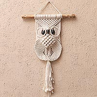 Cotton macrame wall hanging, 'Steady Owl' - Cotton Macrame Owl with Albesia Wood Accents