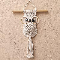 Bespectacled Cotton Macrame Owl with Albesia Wood Accents,'Studious Owl'