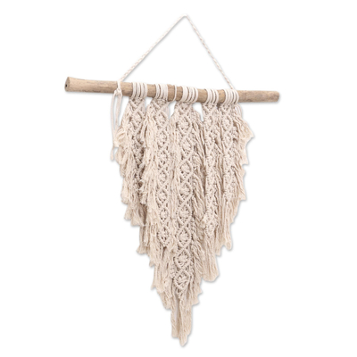 Cotton macrame wall hanging, 'DNA Chain' - 100% Cotton Ivory Macrame Wall Hanging