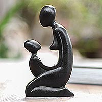 Wood statuette, 'Gazing Mother' - Hand Carved Suar Wood Statuette