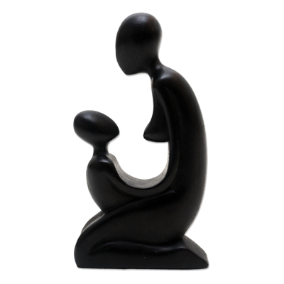 Wood statuette, 'Gazing Mother' - Hand Carved Suar Wood Statuette