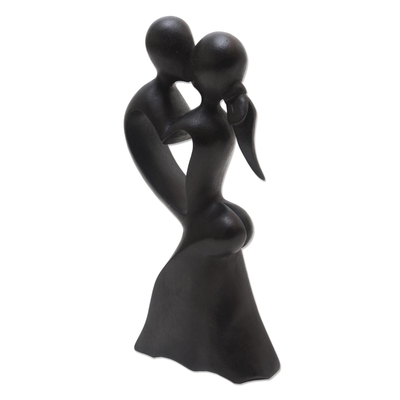 Wood statuette, 'Gentle Kiss' - Hand Carved Suar Wood Statuette