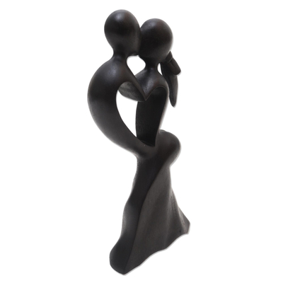 Wood statuette, 'Gentle Kiss' - Hand Carved Suar Wood Statuette