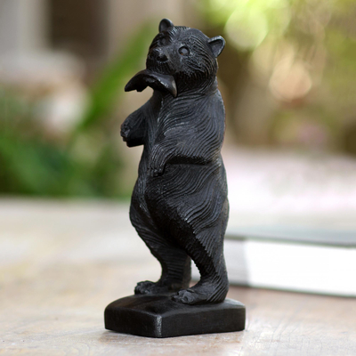 Wood statuette, 'Standing Bear' - Hand Made Suar Wood Bear Statuette