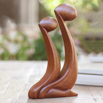 Wood statuette, 'Star Gazing' - Parent and Child Hand Carved Suar Wood Sculpture