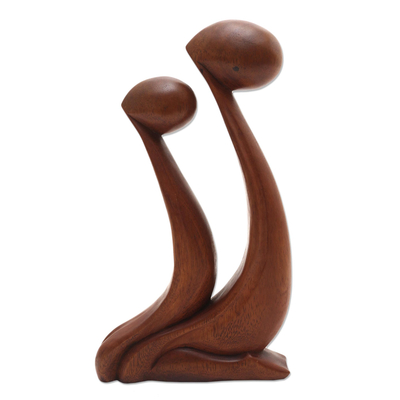Wood statuette, 'Star Gazing' - Parent and Child Hand Carved Suar Wood Sculpture