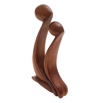 Wood statuette, 'Star Gazing' - Parent and Child Hand Carved Suar Wood Sculpture