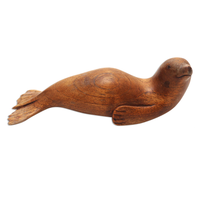 estatuilla de madera - Estatuilla de dugongo de madera de suar hecha a mano