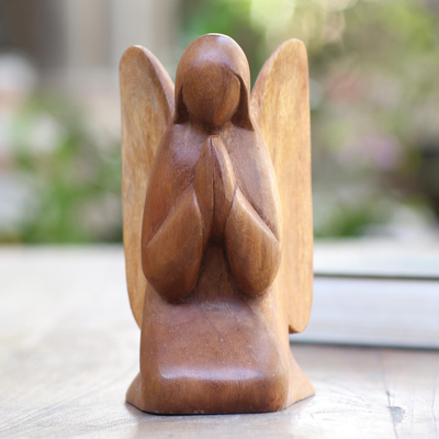 Wood statuette, 'Angelic Prayer' - Praying Angel Suar Wood Hand Carved Statuette